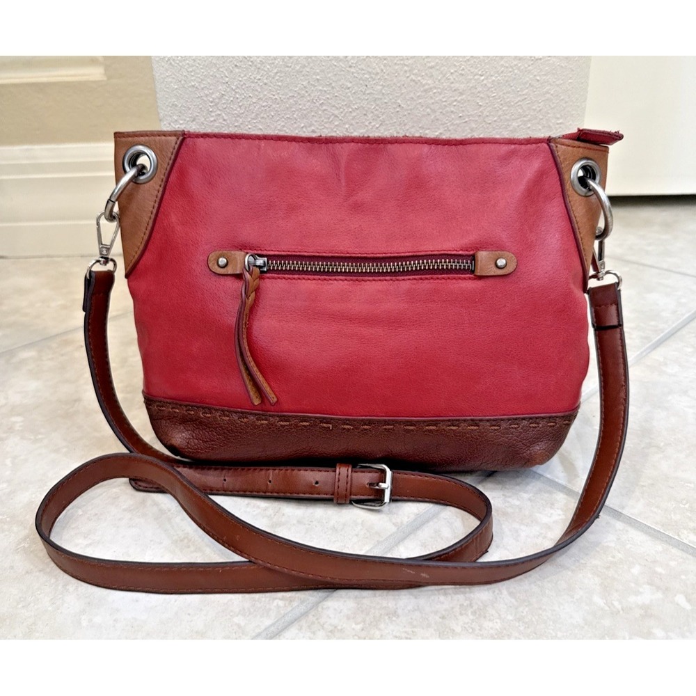 The Sak Red & Brown Leather Crossbody Shoulder Purse Bag Outside pockets Boho